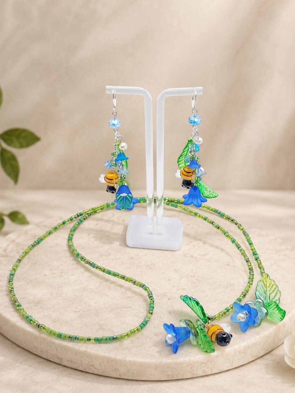 Bluebells & Honey Bees Floral Wrap Necklace & Earrings Jewelry Set Botanical 35"
